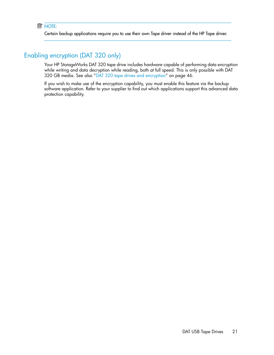 Enabling encryption (dat 320 only) | HP StoreEver DAT Tape Drives User Manual | Page 21 / 74