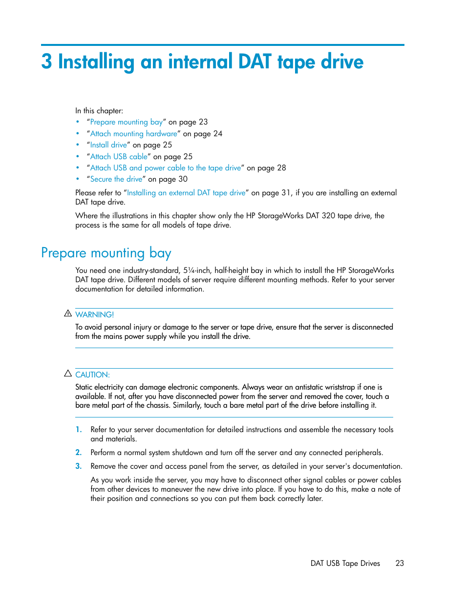 3 installing an internal dat tape drive, Prepare mounting bay | HP StoreEver DAT Tape Drives User Manual | Page 23 / 74