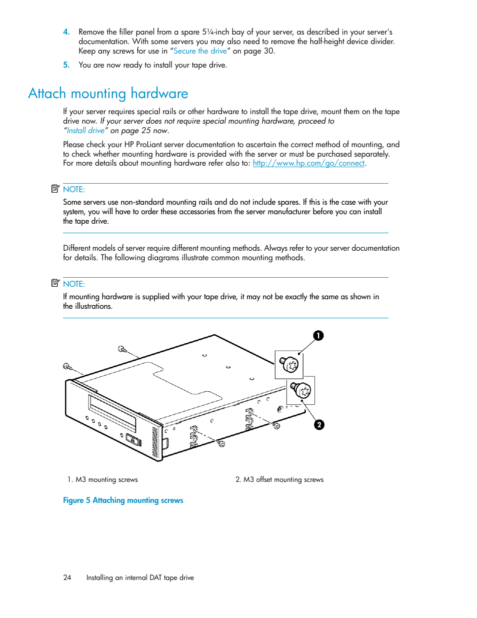 Attach mounting hardware, Attaching mounting screws | HP StoreEver DAT Tape Drives User Manual | Page 24 / 74