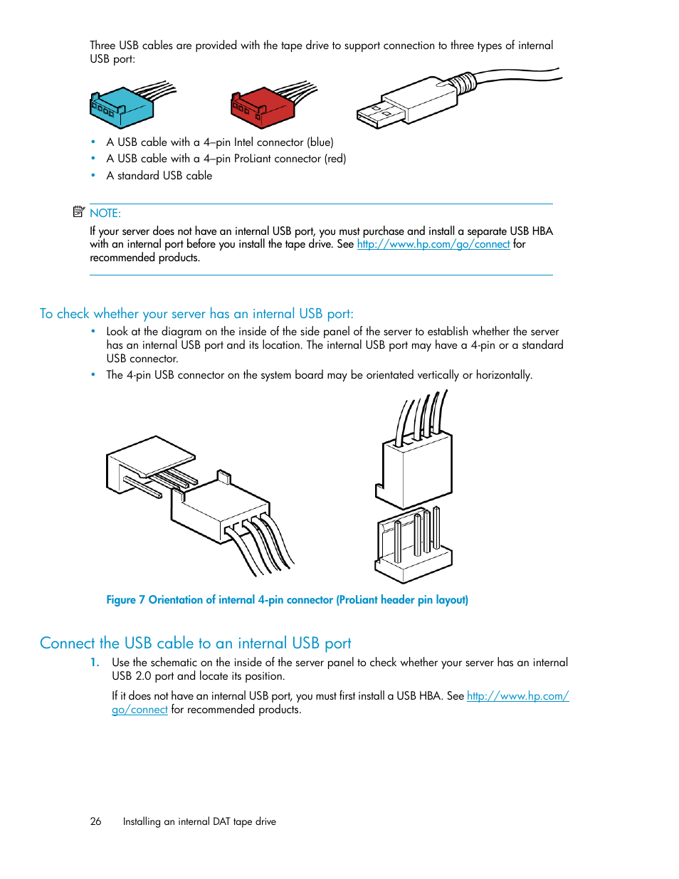 Connect the usb cable to an internal usb port | HP StoreEver DAT Tape Drives User Manual | Page 26 / 74