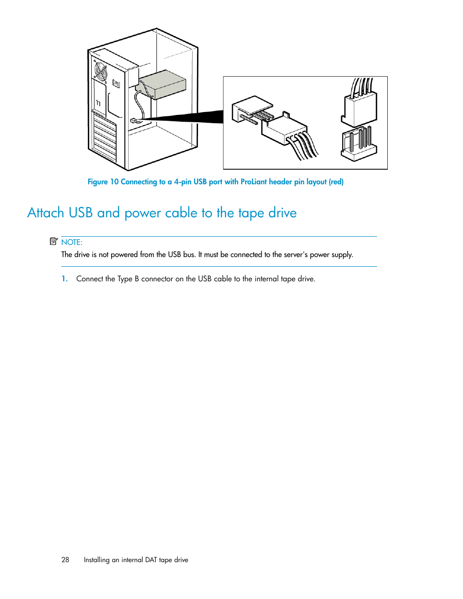 Attach usb and power cable to the tape drive | HP StoreEver DAT Tape Drives User Manual | Page 28 / 74