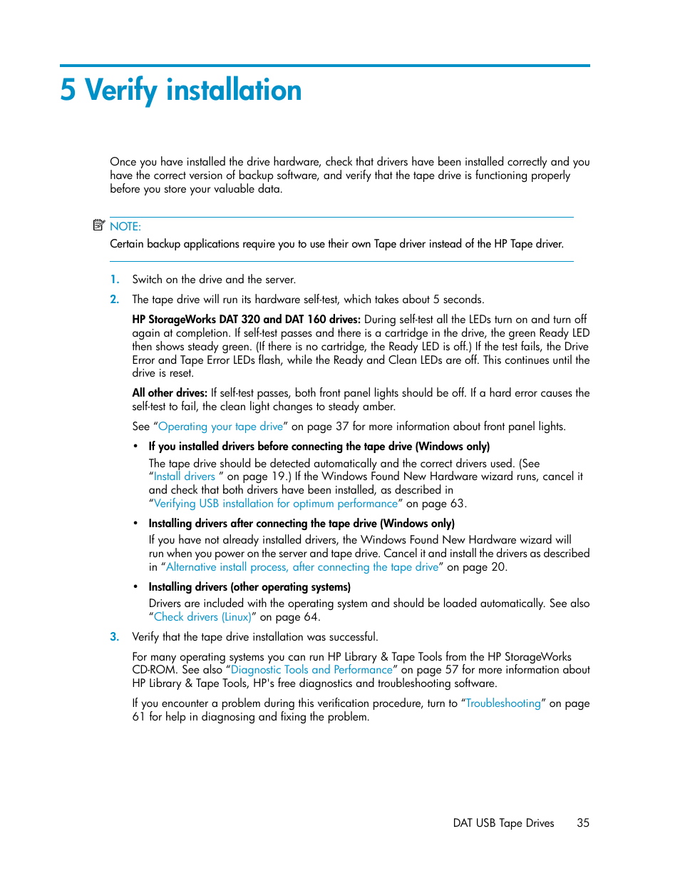 5 verify installation | HP StoreEver DAT Tape Drives User Manual | Page 35 / 74