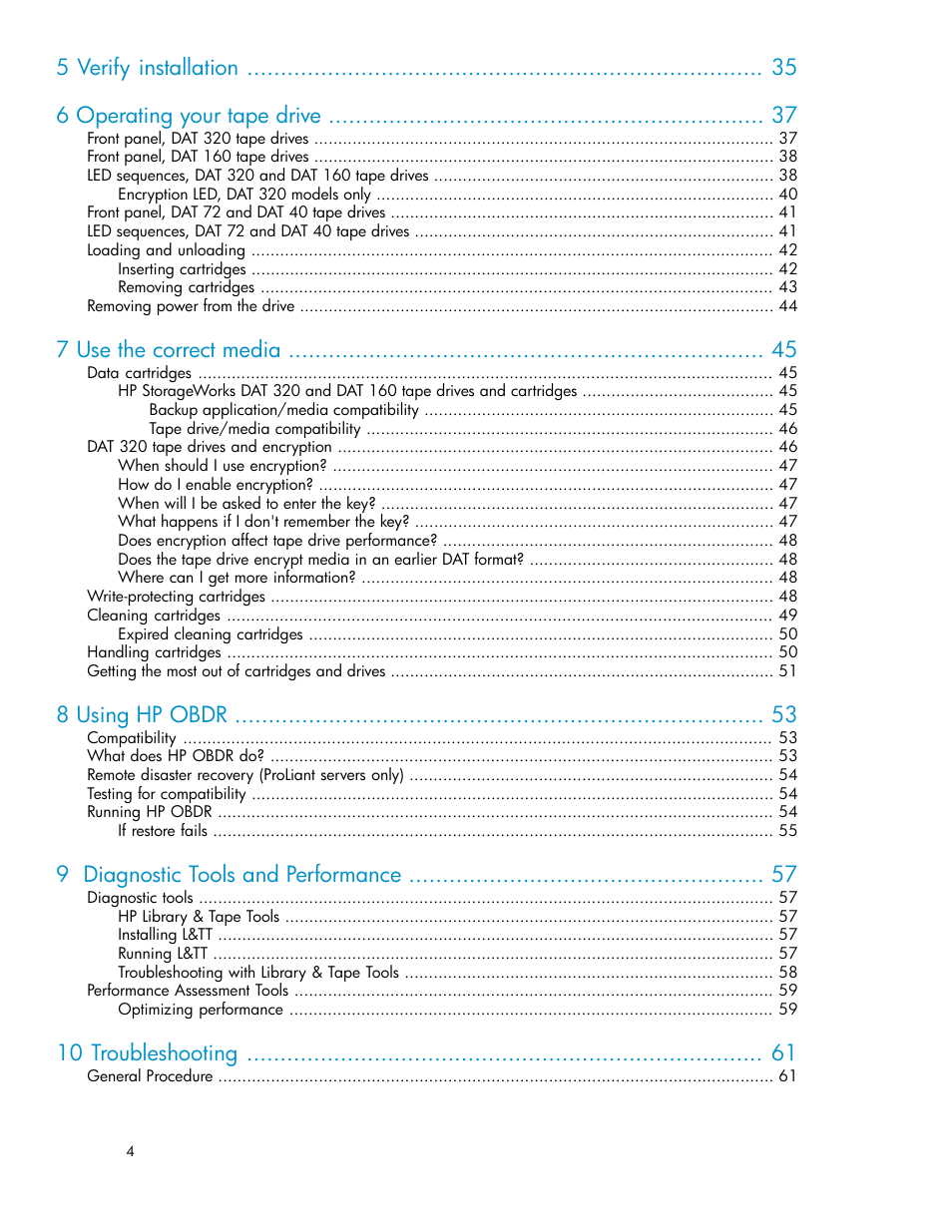 5 verify installation 6 operating your tape drive, 7 use the correct media, 8 using hp obdr | 9 diagnostic tools and performance, 10 troubleshooting | HP StoreEver DAT Tape Drives User Manual | Page 4 / 74
