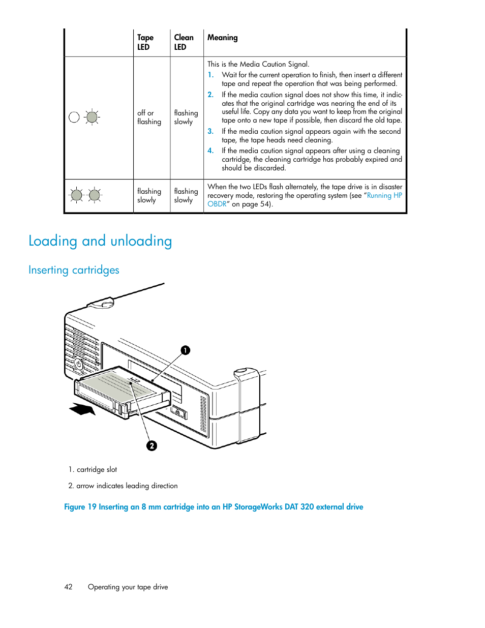 Loading and unloading, Inserting cartridges | HP StoreEver DAT Tape Drives User Manual | Page 42 / 74