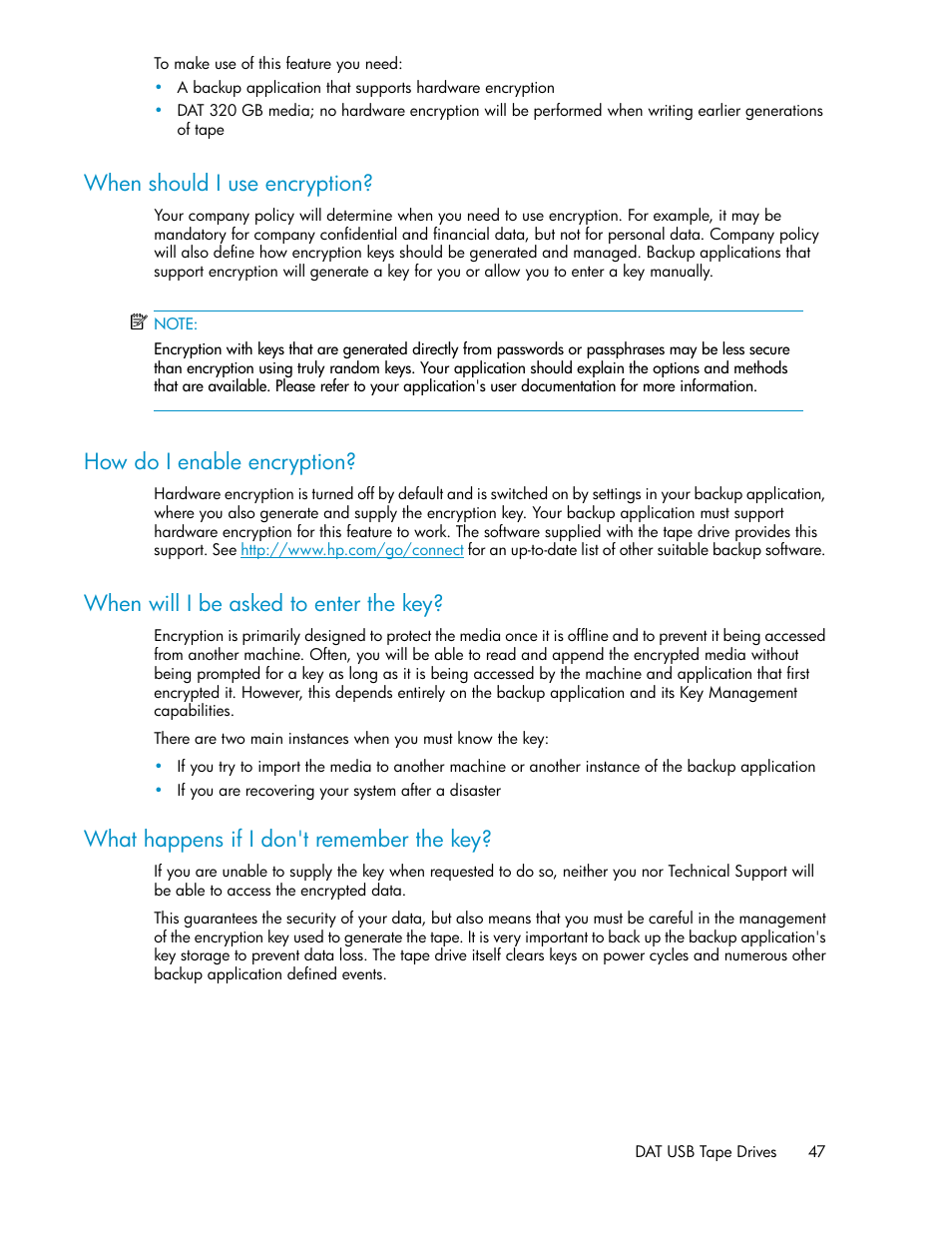 When should i use encryption, How do i enable encryption, When will i be asked to enter the key | What happens if i don't remember the key, 47 how do i enable encryption, 47 when will i be asked to enter the key, 47 what happens if i don't remember the key | HP StoreEver DAT Tape Drives User Manual | Page 47 / 74