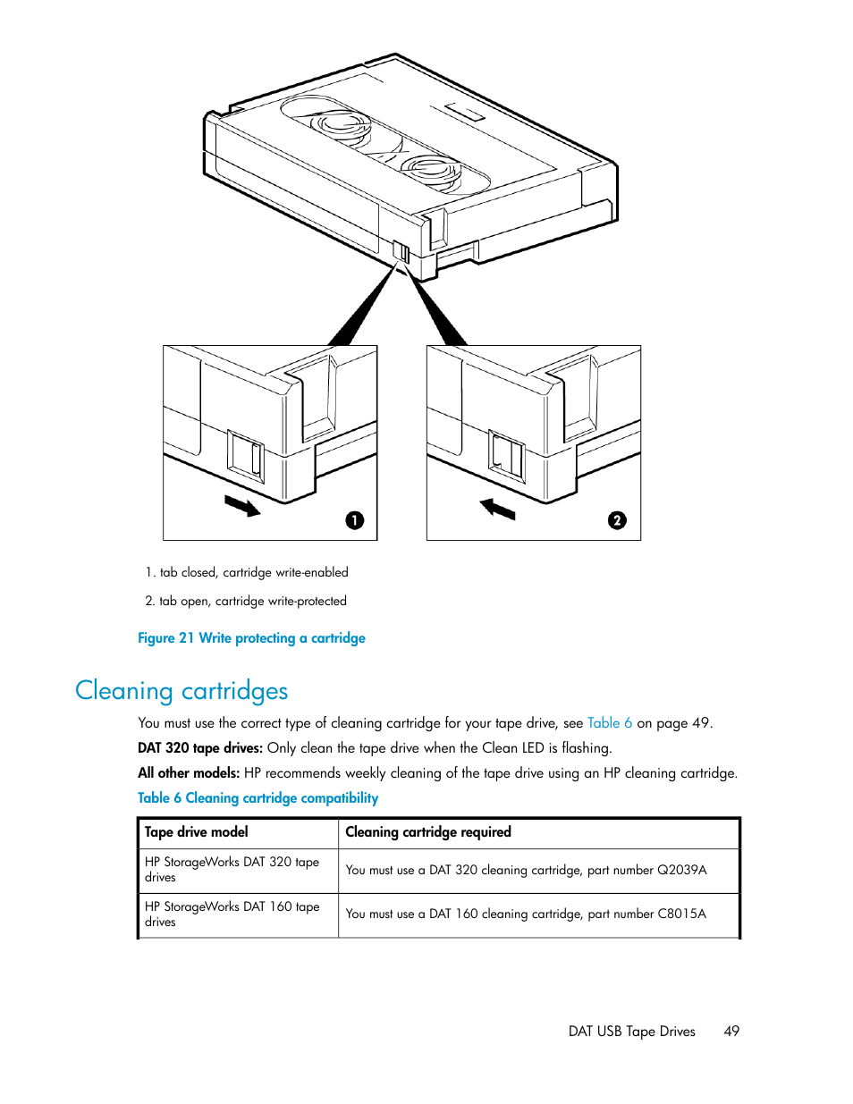 Cleaning cartridges, Write protecting a cartridge, Cleaning cartridge compatibility | Cleaning, Cartridges | HP StoreEver DAT Tape Drives User Manual | Page 49 / 74