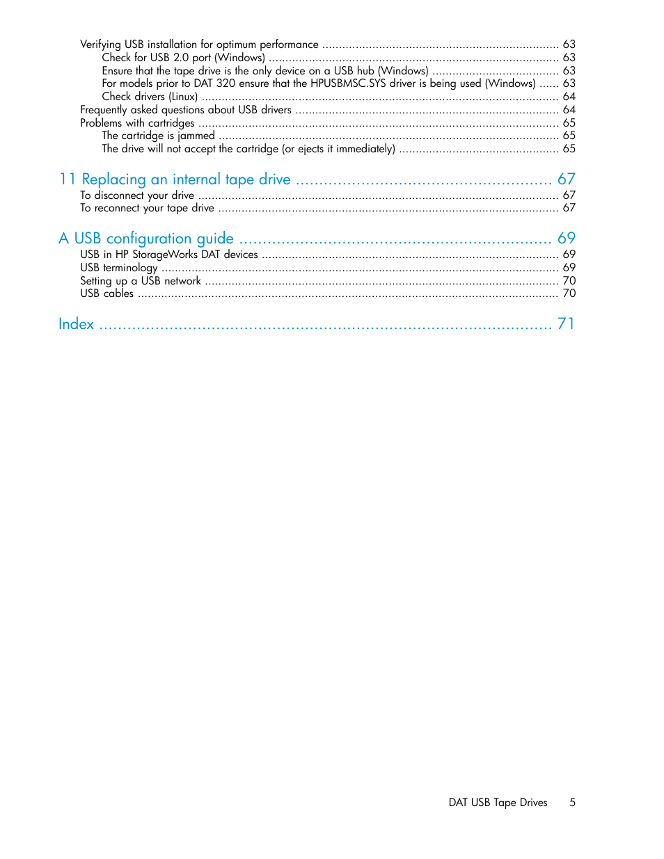 11 replacing an internal tape drive, A usb configuration guide, Index | HP StoreEver DAT Tape Drives User Manual | Page 5 / 74