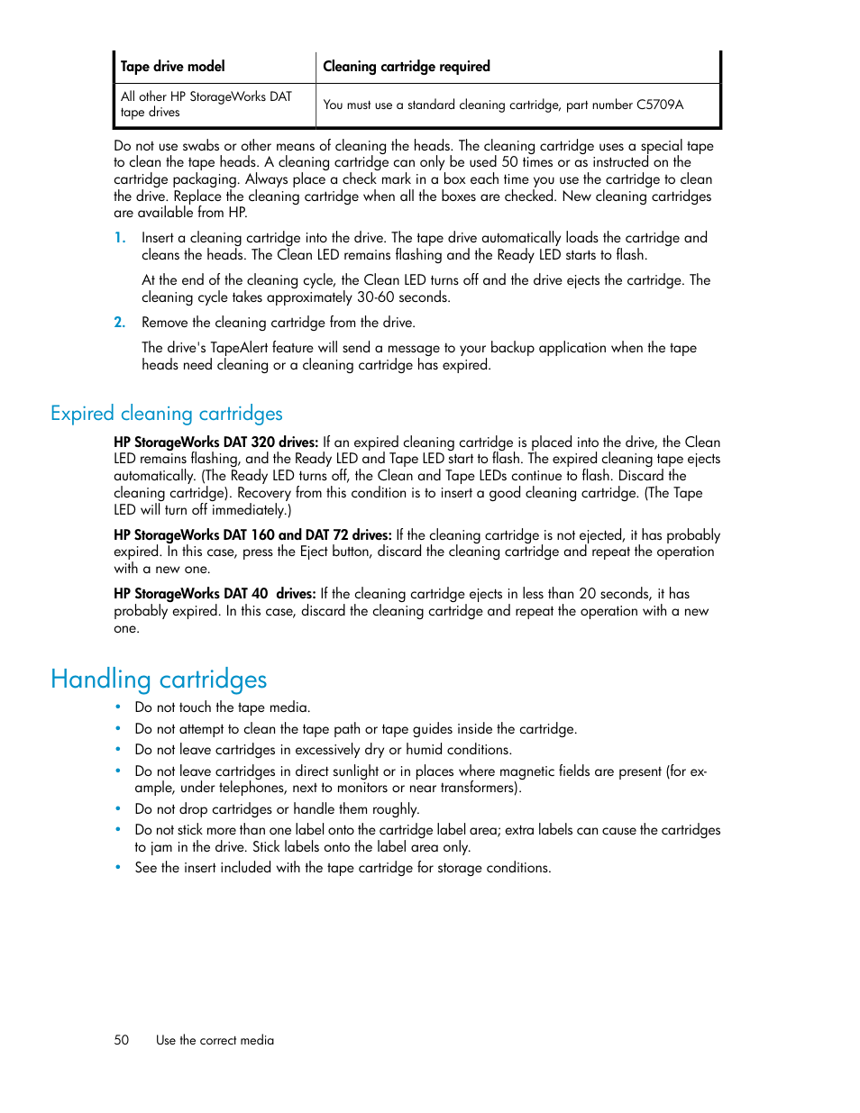 Expired cleaning cartridges, Handling cartridges | HP StoreEver DAT Tape Drives User Manual | Page 50 / 74