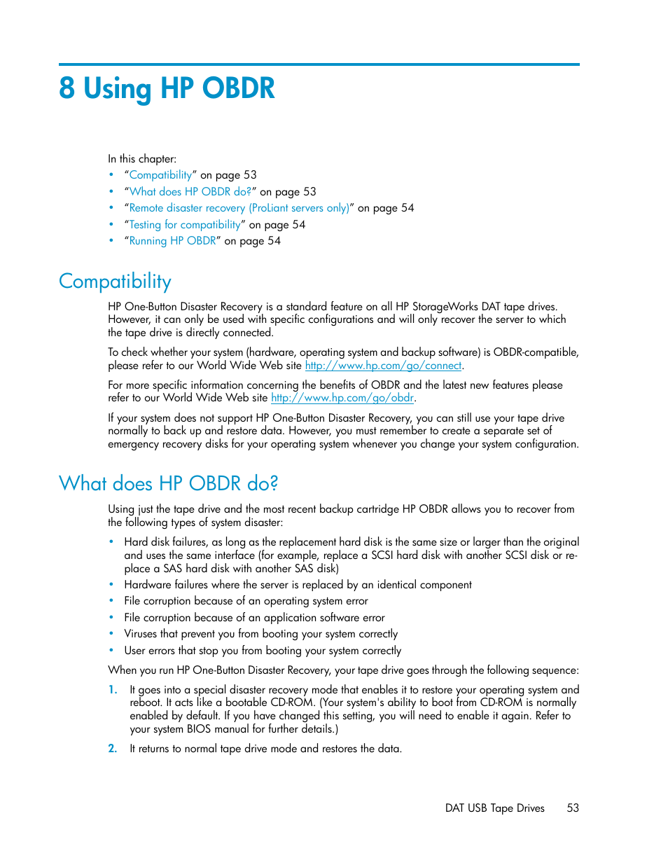 8 using hp obdr, Compatibility, What does hp obdr do | 53 what does hp obdr do, Using hp obdr | HP StoreEver DAT Tape Drives User Manual | Page 53 / 74