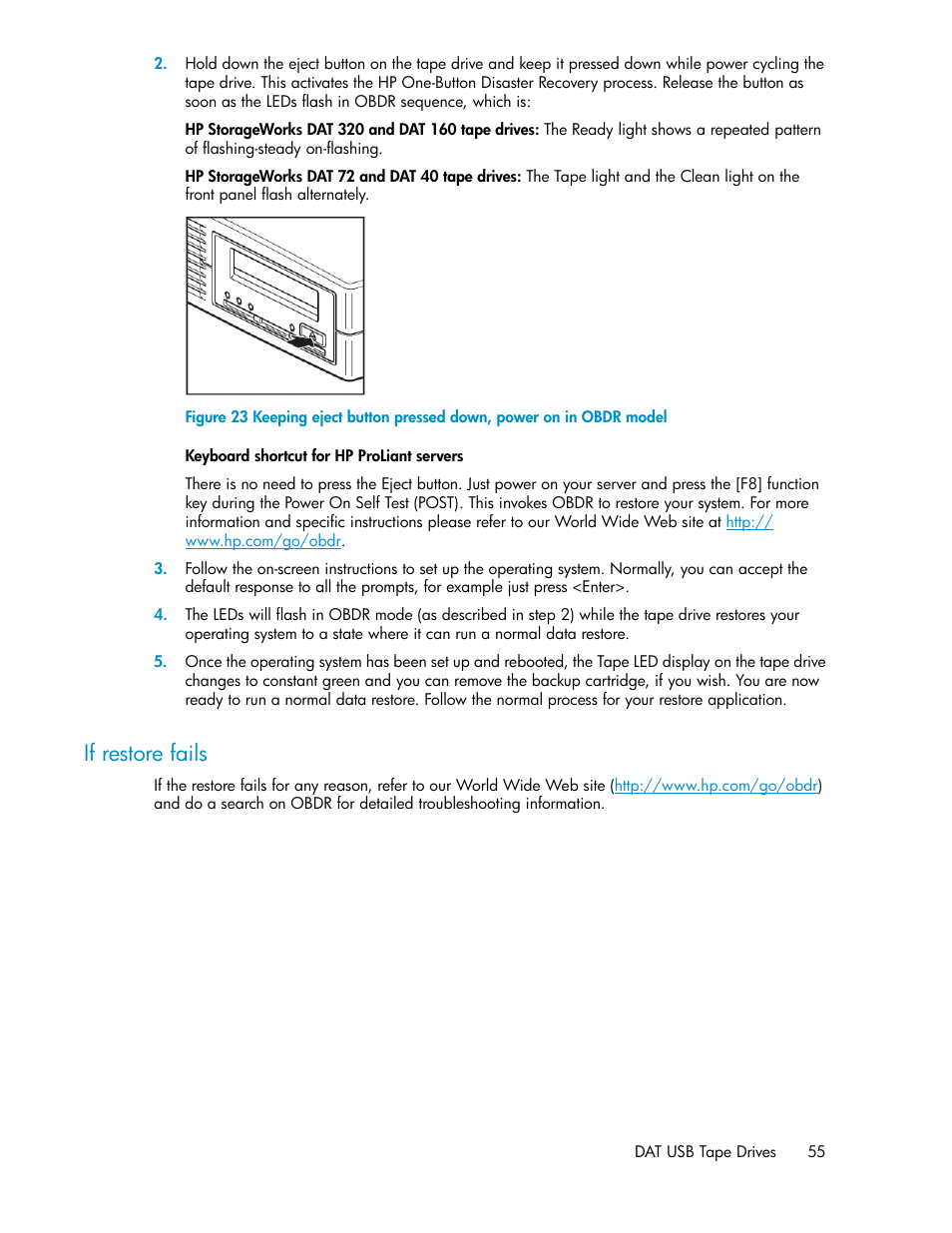 If restore fails | HP StoreEver DAT Tape Drives User Manual | Page 55 / 74
