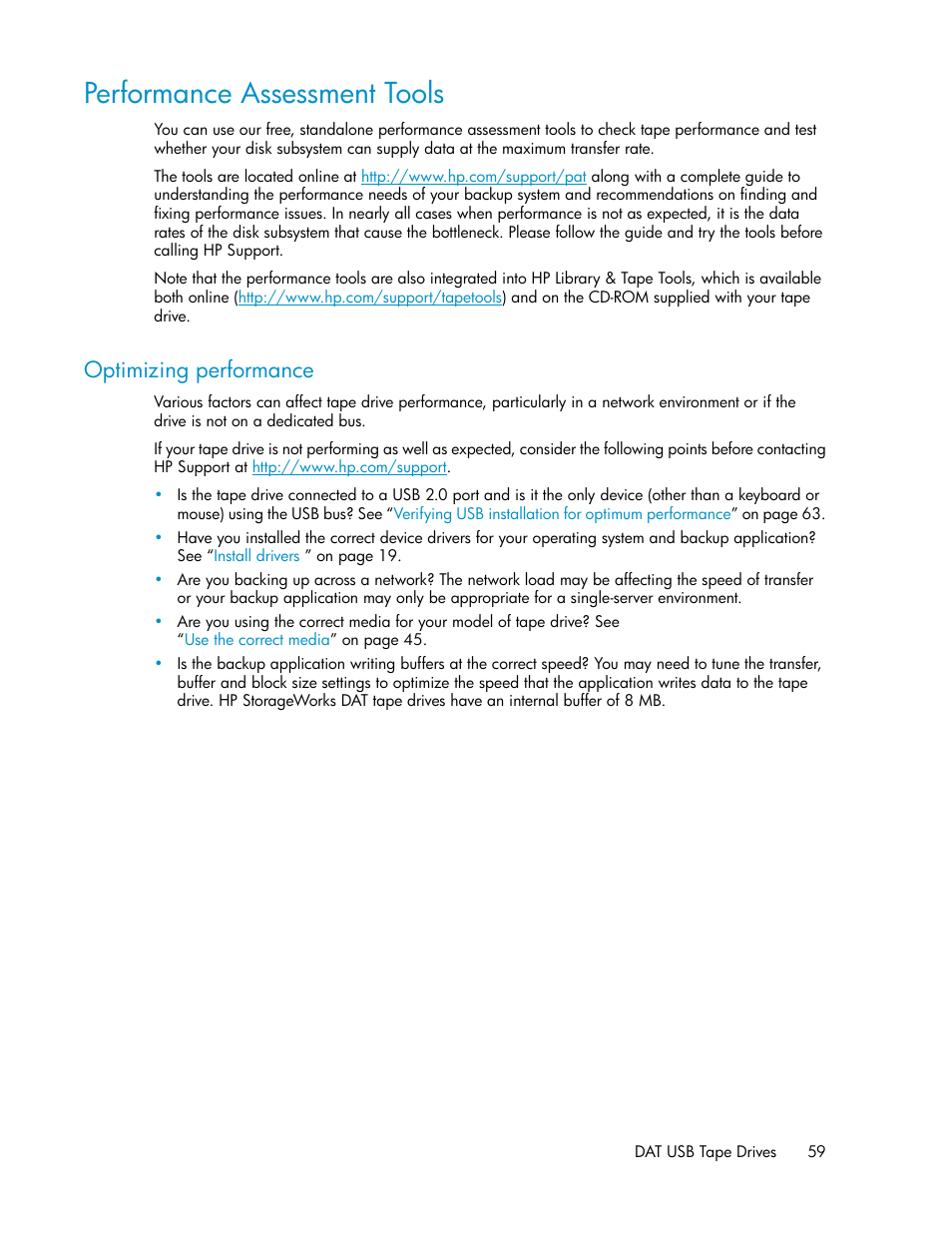 Performance assessment tools, Optimizing performance | HP StoreEver DAT Tape Drives User Manual | Page 59 / 74