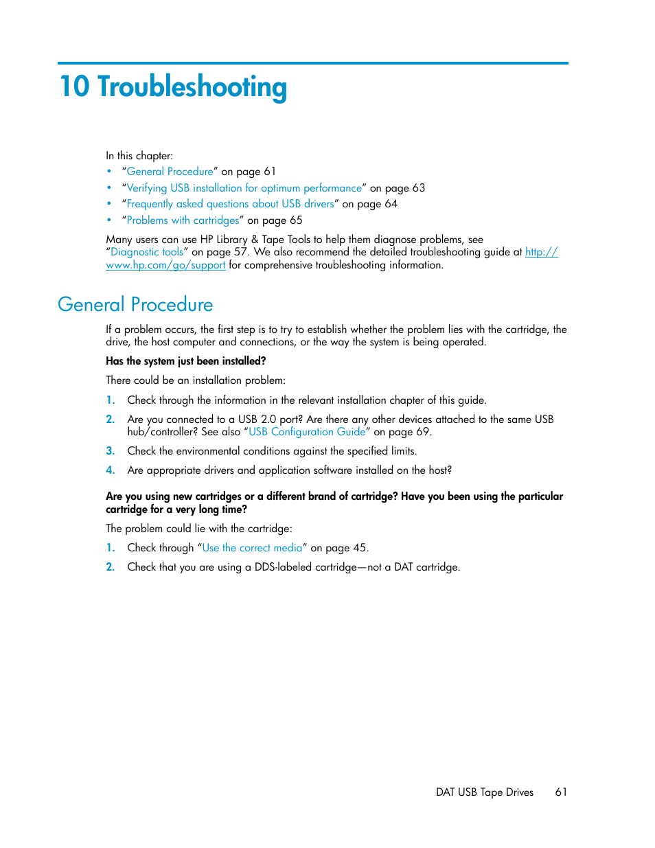 10 troubleshooting, General procedure, Troubleshooting | HP StoreEver DAT Tape Drives User Manual | Page 61 / 74