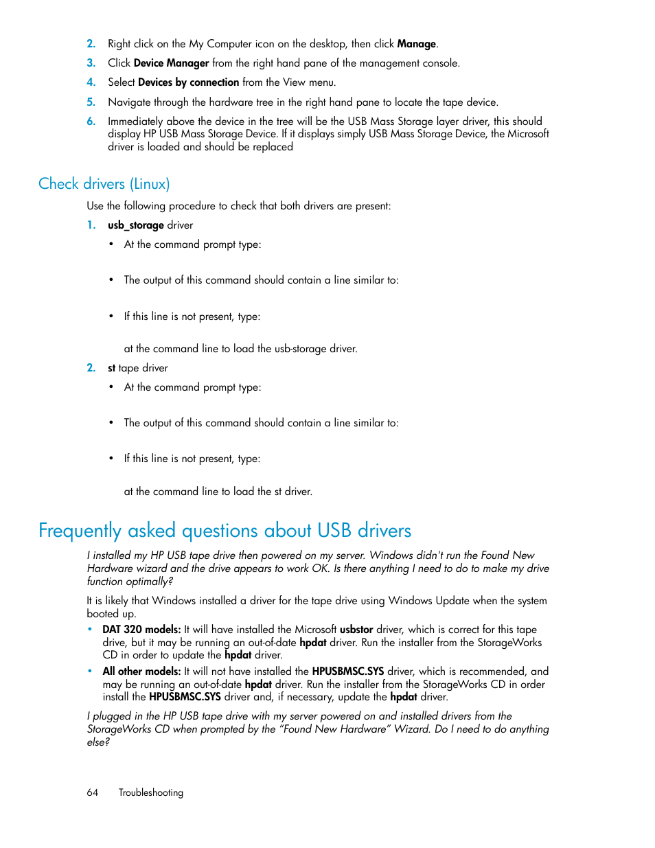 Check drivers (linux), Frequently asked questions about usb drivers | HP StoreEver DAT Tape Drives User Manual | Page 64 / 74
