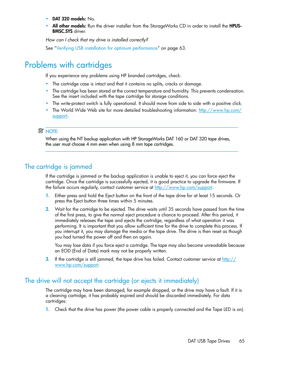 Problems with cartridges, The cartridge is jammed | HP StoreEver DAT Tape Drives User Manual | Page 65 / 74
