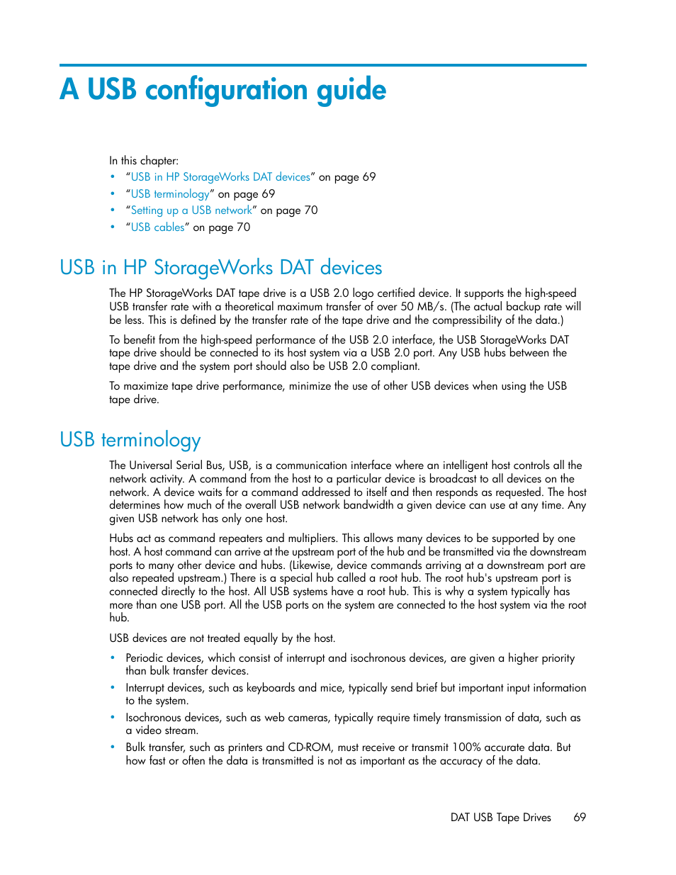 A usb configuration guide, Usb in hp storageworks dat devices, Usb terminology | 69 usb terminology, Usb configuration guide | HP StoreEver DAT Tape Drives User Manual | Page 69 / 74