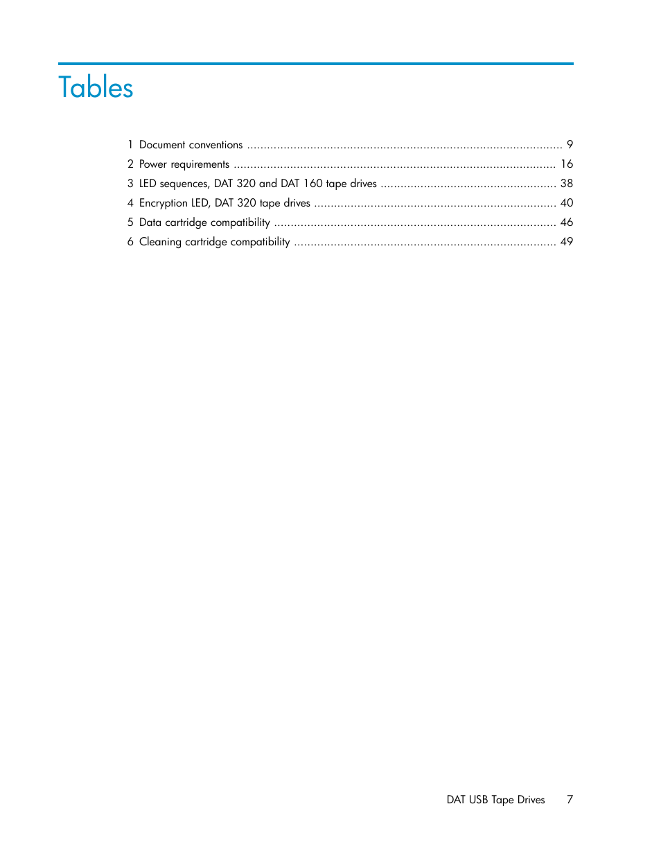 Tables | HP StoreEver DAT Tape Drives User Manual | Page 7 / 74