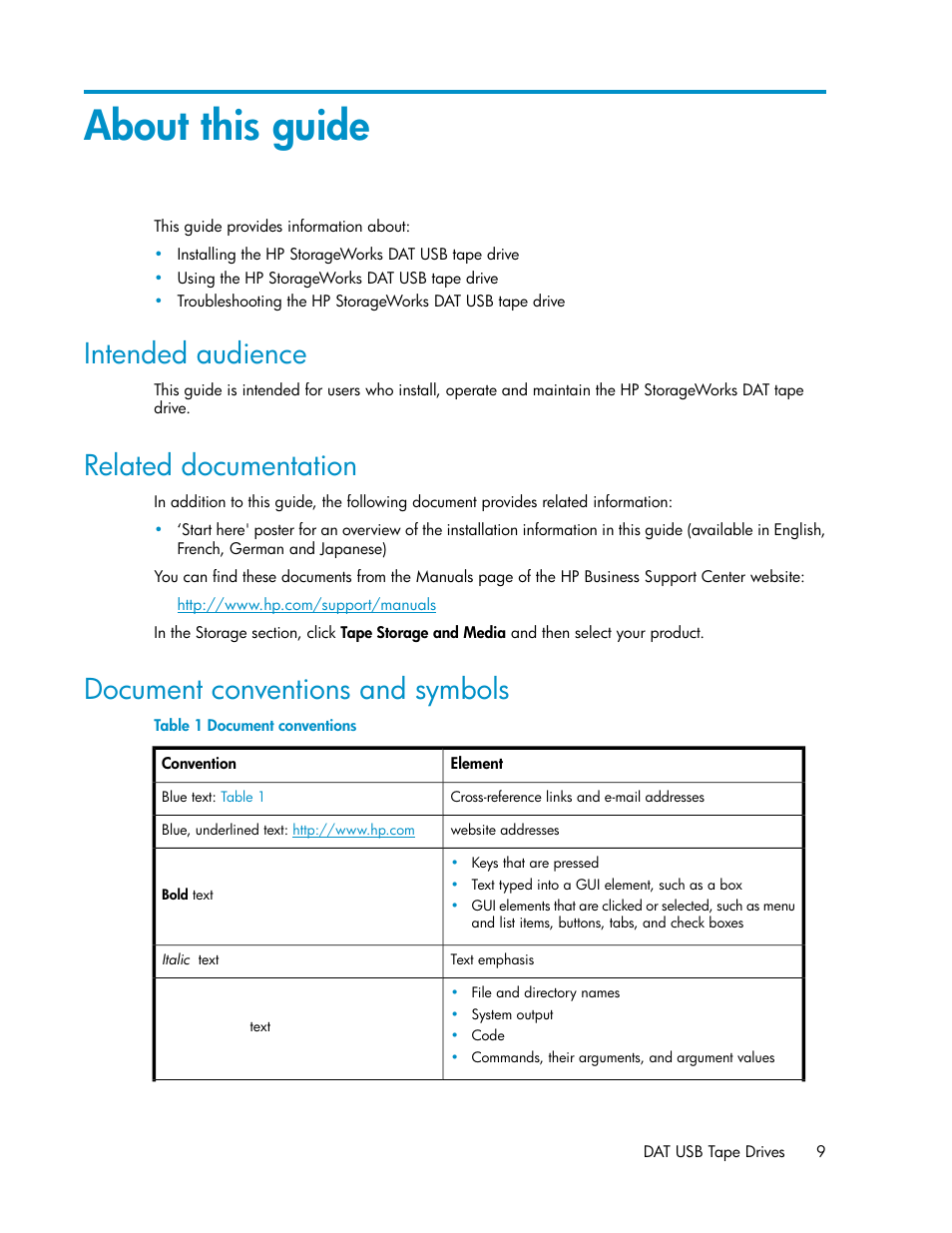 About this guide, Intended audience, Related documentation | Document conventions and symbols, 9 related documentation, 9 document conventions and symbols, Document conventions | HP StoreEver DAT Tape Drives User Manual | Page 9 / 74