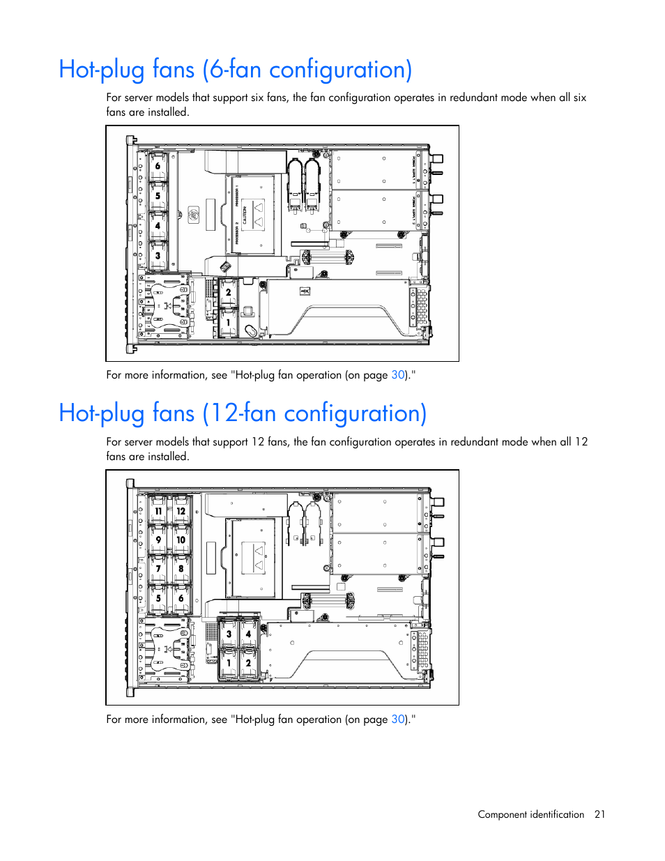 Hot-plug fans (6-fan configuration), Hot-plug fans (12-fan configuration) | HP ProLiant DL385 G2 Server User Manual | Page 21 / 115