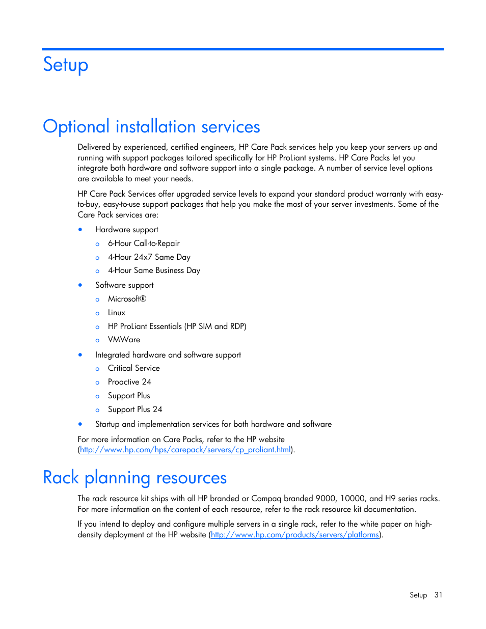 Setup, Optional installation services, Rack planning resources | HP ProLiant DL385 G2 Server User Manual | Page 31 / 115