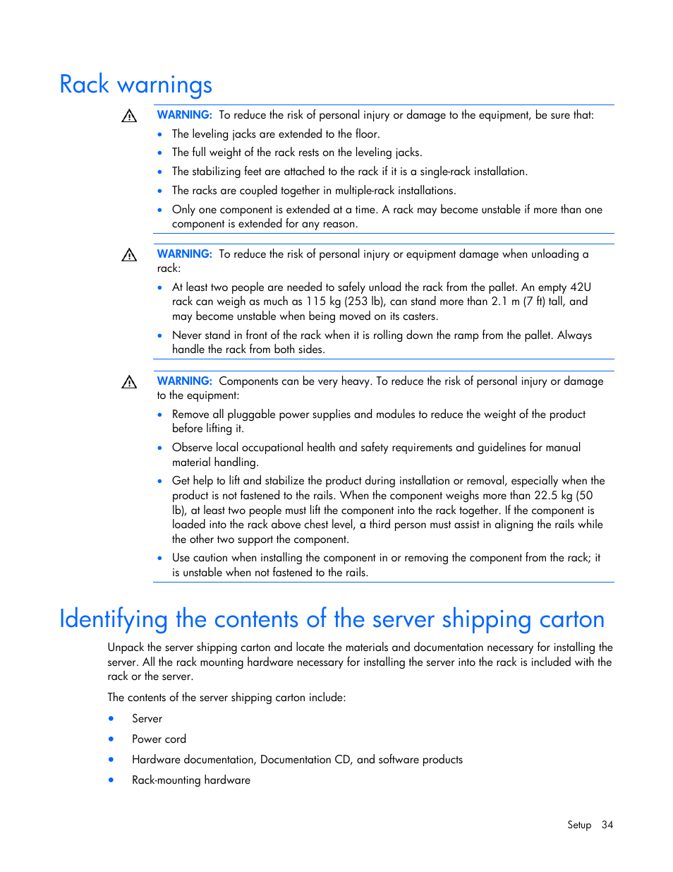 Rack warnings | HP ProLiant DL385 G2 Server User Manual | Page 34 / 115