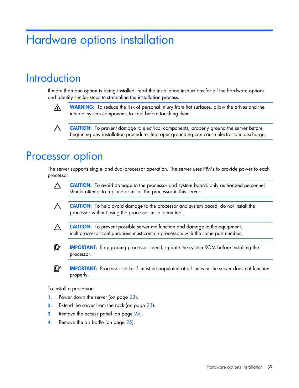 Hardware options installation, Introduction, Processor option | HP ProLiant DL385 G2 Server User Manual | Page 39 / 115