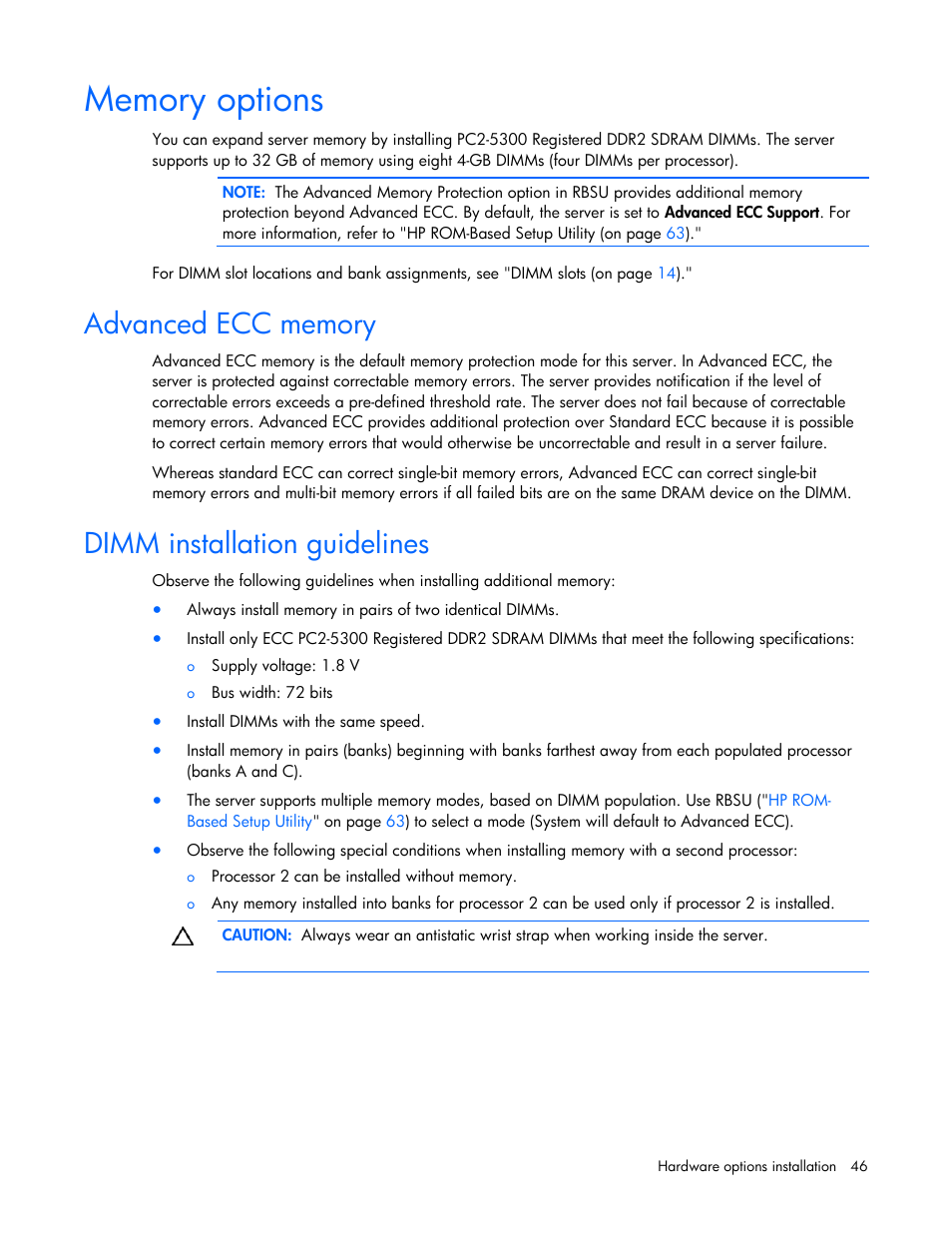 Memory options, Advanced ecc memory, Dimm installation guidelines | HP ProLiant DL385 G2 Server User Manual | Page 46 / 115