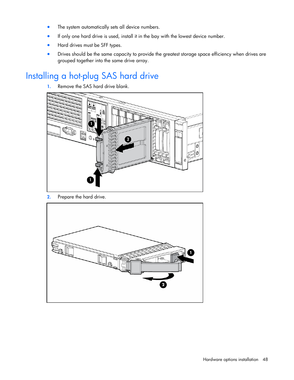 Installing a hot-plug sas hard drive | HP ProLiant DL385 G2 Server User Manual | Page 48 / 115