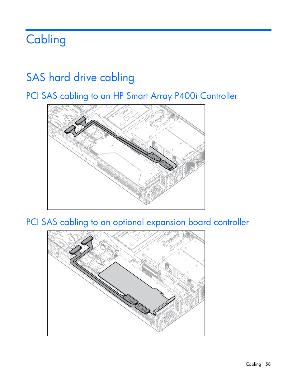 Cabling, Sas hard drive cabling | HP ProLiant DL385 G2 Server User Manual | Page 58 / 115