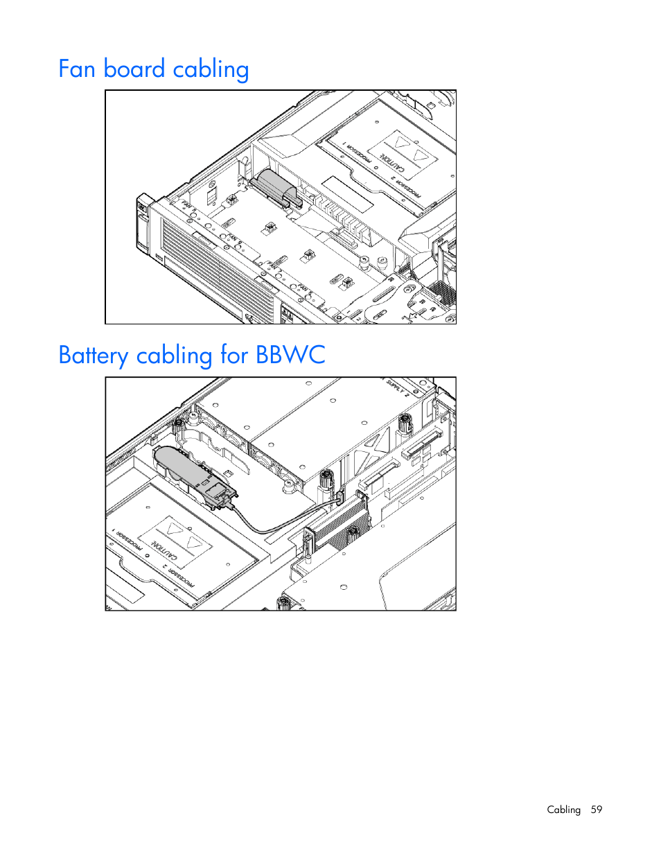 Fan board cabling, Battery cabling for bbwc | HP ProLiant DL385 G2 Server User Manual | Page 59 / 115