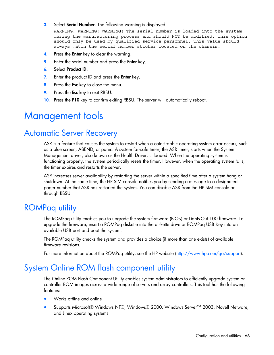 Management tools, Automatic server recovery, Rompaq utility | System online rom flash component utility | HP ProLiant DL385 G2 Server User Manual | Page 66 / 115