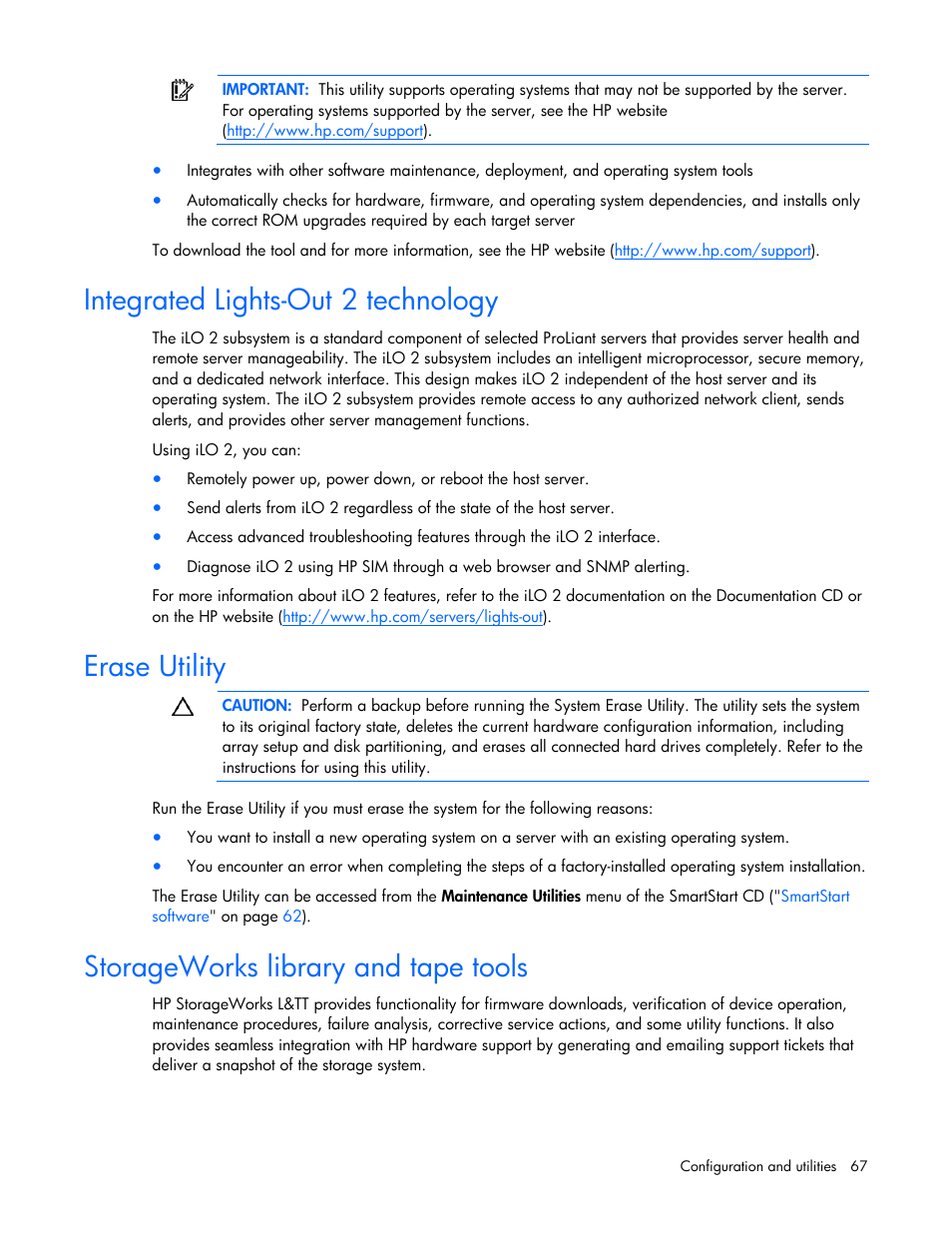 Integrated lights-out 2 technology, Erase utility, Storageworks library and tape tools | HP ProLiant DL385 G2 Server User Manual | Page 67 / 115