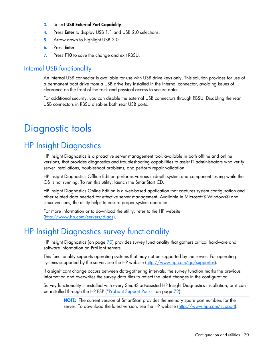 Diagnostic tools, Hp insight diagnostics, Hp insight diagnostics survey functionality | S utility, Internal usb functionality | HP ProLiant DL385 G2 Server User Manual | Page 70 / 115