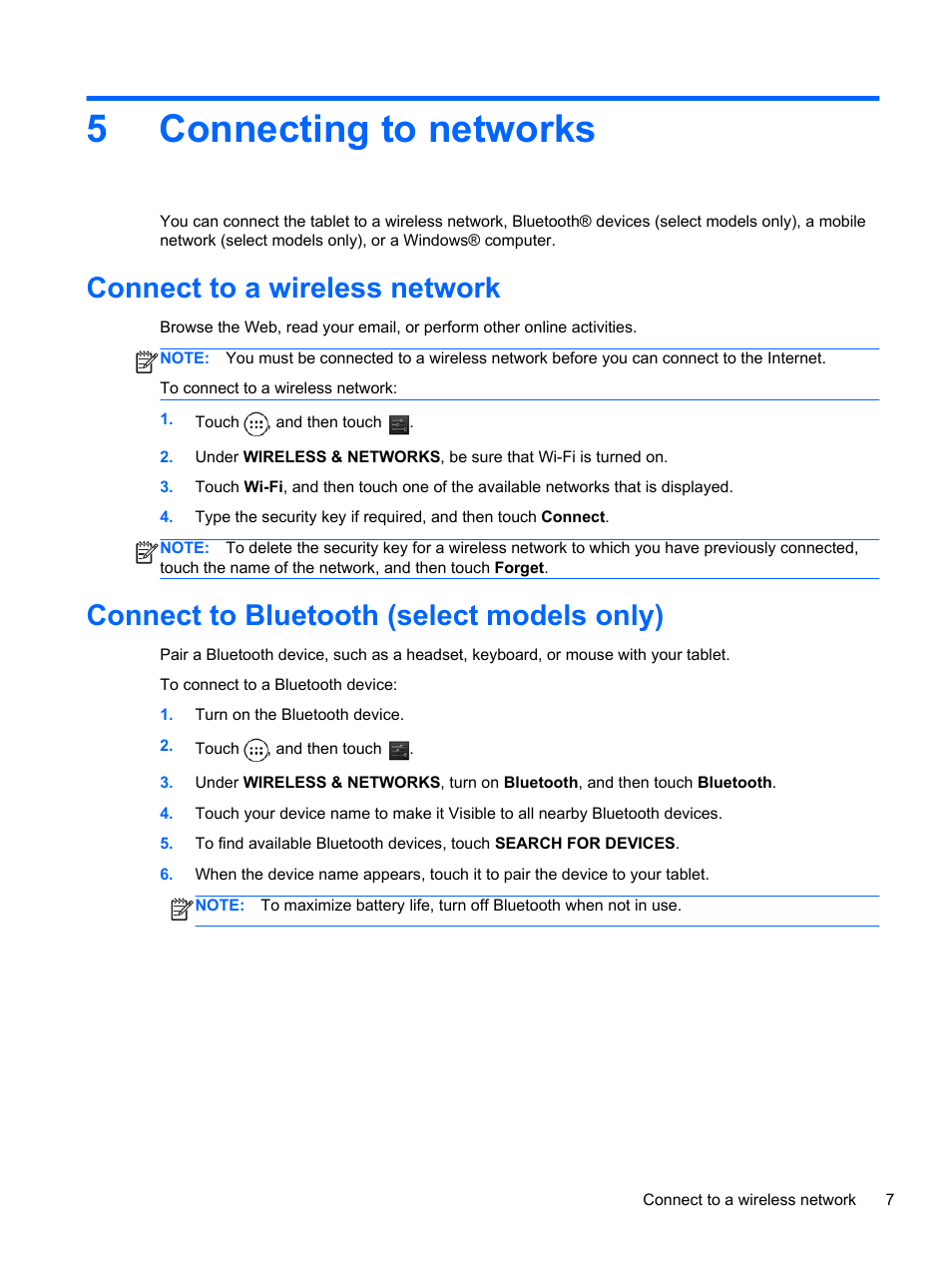 Connecting to networks, Connect to a wireless network, Connect to bluetooth (select models only) | 5 connecting to networks, 5connecting to networks | HP 8 1401ee Tablet User Manual | Page 11 / 22