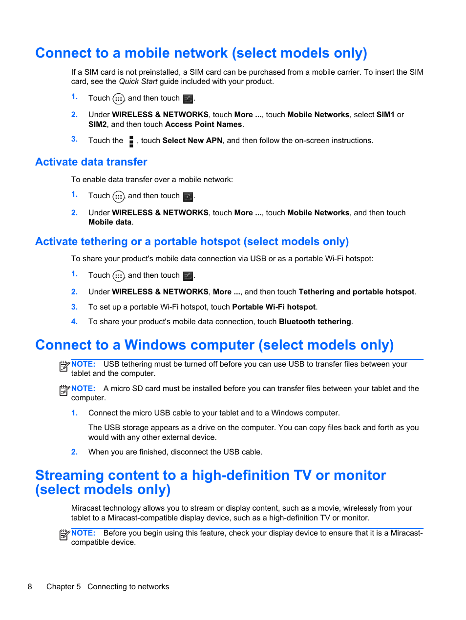Connect to a mobile network (select models only), Activate data transfer, Connect to a windows computer (select models only) | HP 8 1401ee Tablet User Manual | Page 12 / 22