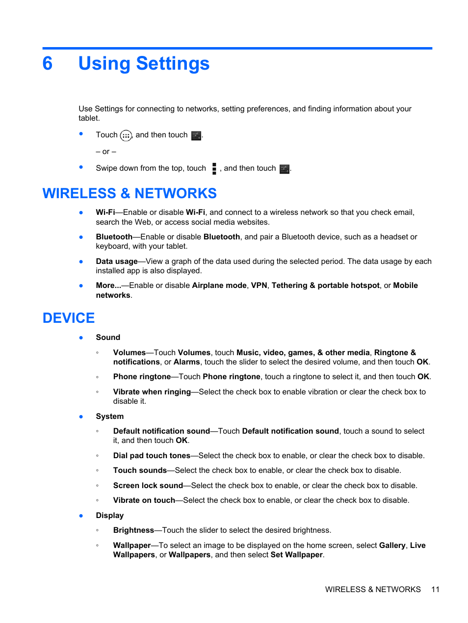 Using settings, Wireless & networks, Device | 6 using settings, Wireless & networks device, 6using settings | HP 8 1401ee Tablet User Manual | Page 15 / 22
