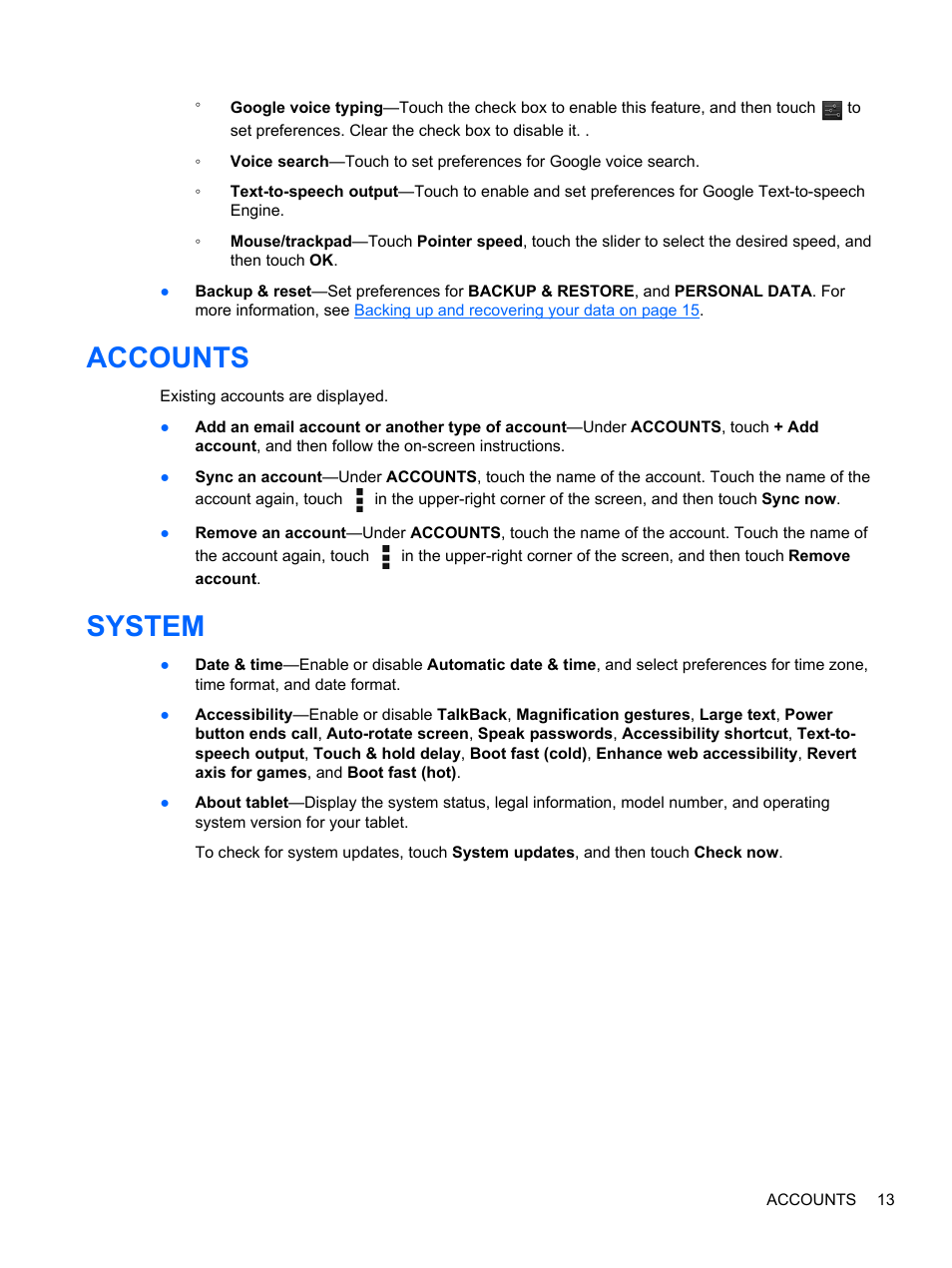 Accounts, System, Accounts system | HP 8 1401ee Tablet User Manual | Page 17 / 22