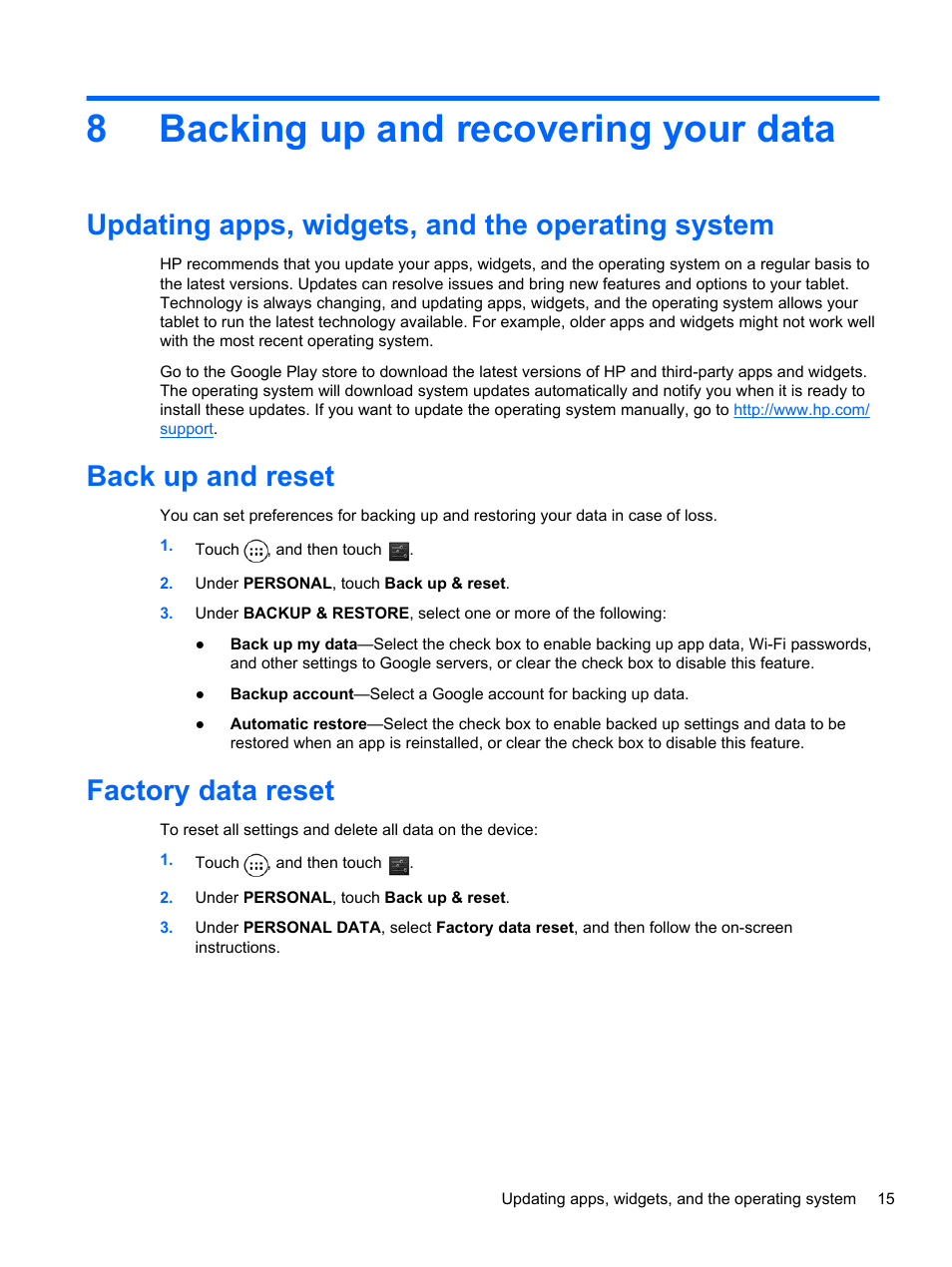 Backing up and recovering your data, Updating apps, widgets, and the operating system, Back up and reset | Factory data reset, 8 backing up and recovering your data, 8backing up and recovering your data | HP 8 1401ee Tablet User Manual | Page 19 / 22