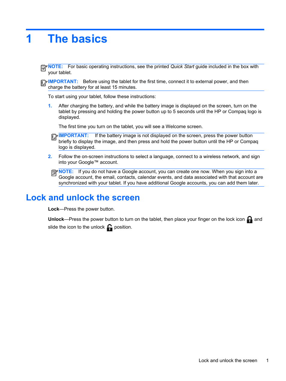 The basics, Lock and unlock the screen, 1 the basics | 1the basics | HP 8 1401ee Tablet User Manual | Page 5 / 22