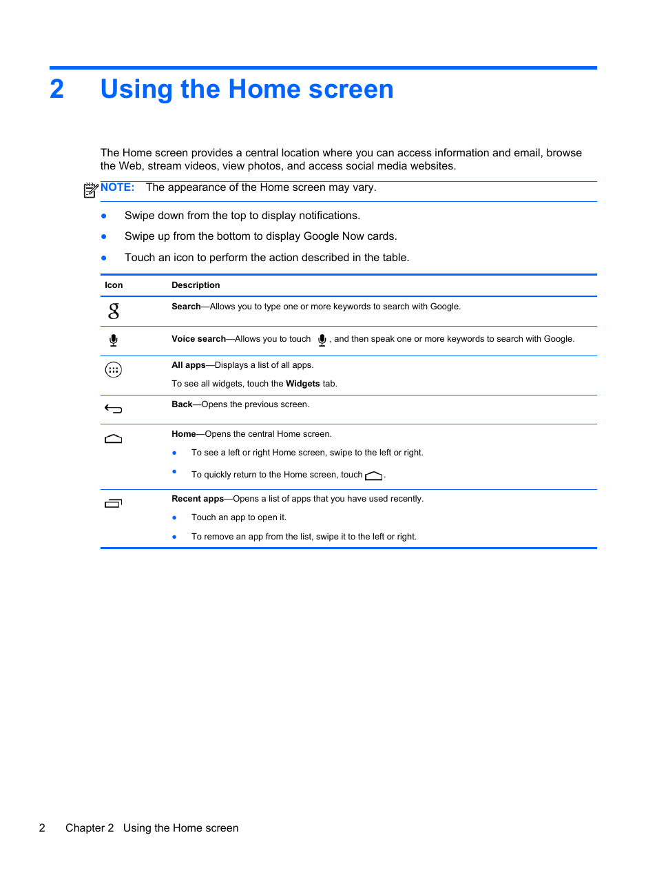 Using the home screen, 2 using the home screen, 2using the home screen | HP 8 1401ee Tablet User Manual | Page 6 / 22