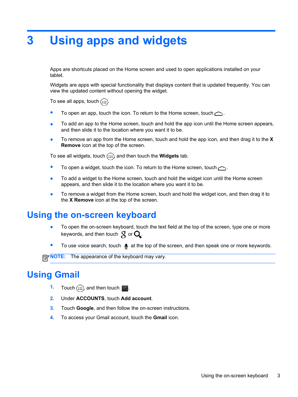 Using apps and widgets, Using the on-screen keyboard, Using gmail | 3 using apps and widgets, Using the on-screen keyboard using gmail, 3using apps and widgets | HP 8 1401ee Tablet User Manual | Page 7 / 22