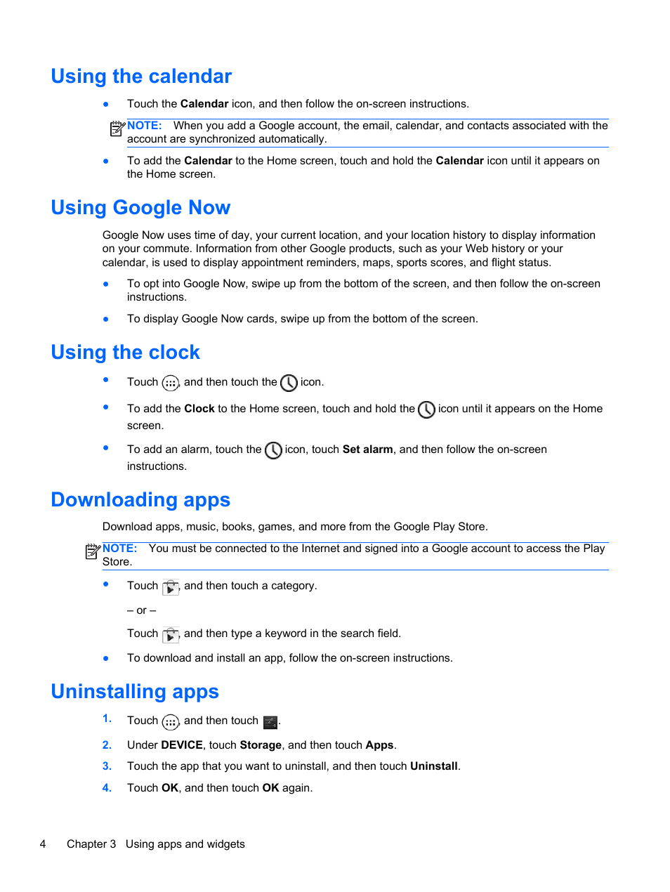Using the calendar, Using google now, Using the clock | Downloading apps, Uninstalling apps | HP 8 1401ee Tablet User Manual | Page 8 / 22