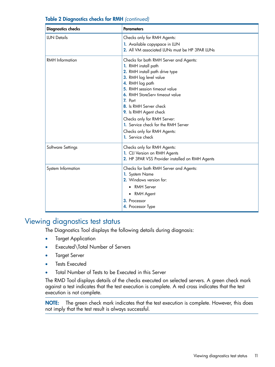 Viewing diagnostics test status | HP 3PAR Recovery Manager Software for Hyper-V User Manual | Page 11 / 19
