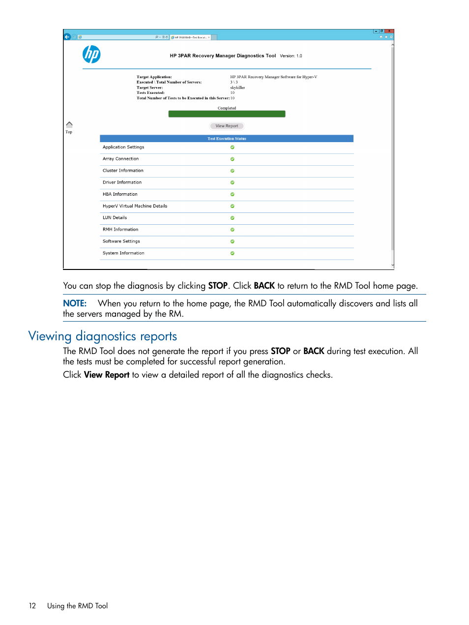 Viewing diagnostics reports | HP 3PAR Recovery Manager Software for Hyper-V User Manual | Page 12 / 19
