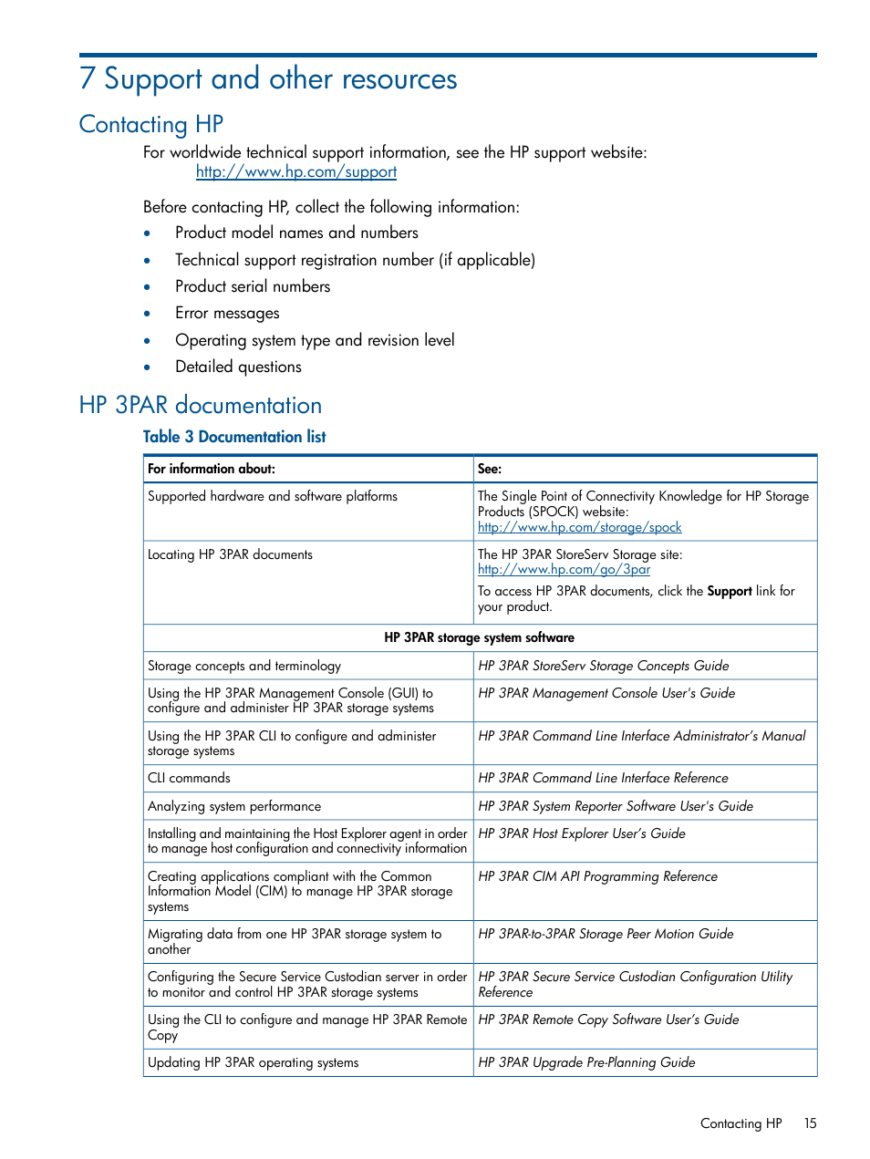 7 support and other resources, Contacting hp, Hp 3par documentation | Contacting hp hp 3par documentation | HP 3PAR Recovery Manager Software for Hyper-V User Manual | Page 15 / 19