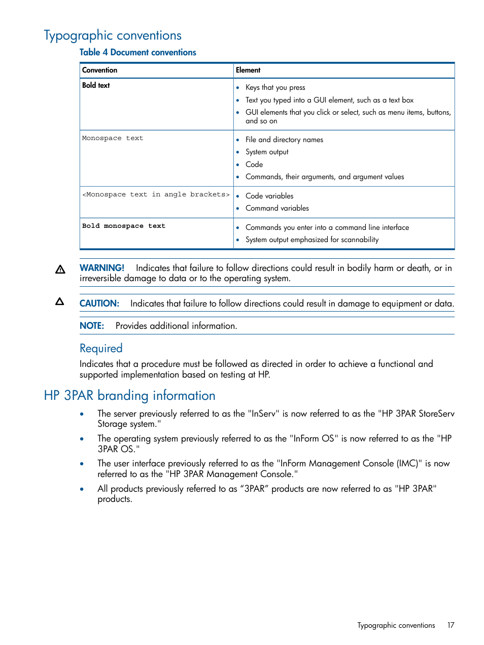 Typographic conventions, Hp 3par branding information, Required | HP 3PAR Recovery Manager Software for Hyper-V User Manual | Page 17 / 19