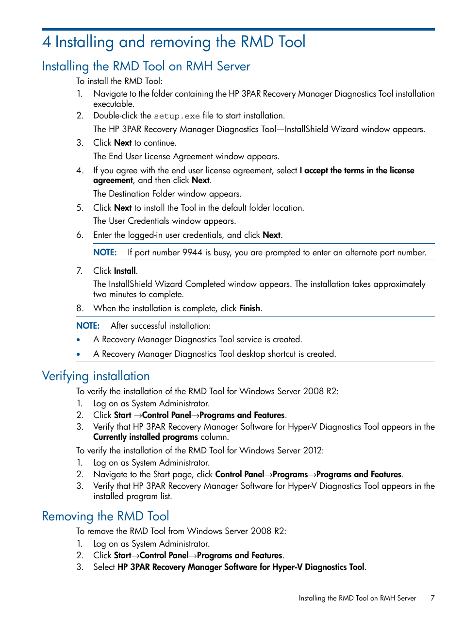 4 installing and removing the rmd tool, Installing the rmd tool on rmh server, Verifying installation | Removing the rmd tool | HP 3PAR Recovery Manager Software for Hyper-V User Manual | Page 7 / 19
