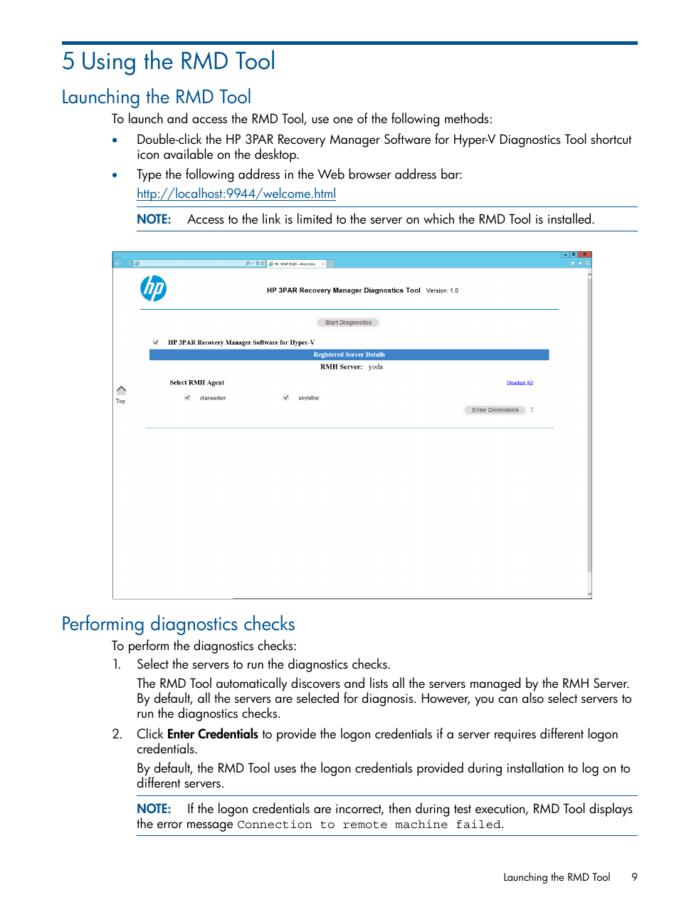 5 using the rmd tool, Launching the rmd tool, Performing diagnostics checks | HP 3PAR Recovery Manager Software for Hyper-V User Manual | Page 9 / 19