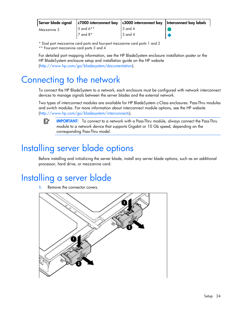 Connecting to the network, Installing server blade options, Installing a server blade | HP ProLiant BL660c Gen8 Server Blade User Manual | Page 24 / 82