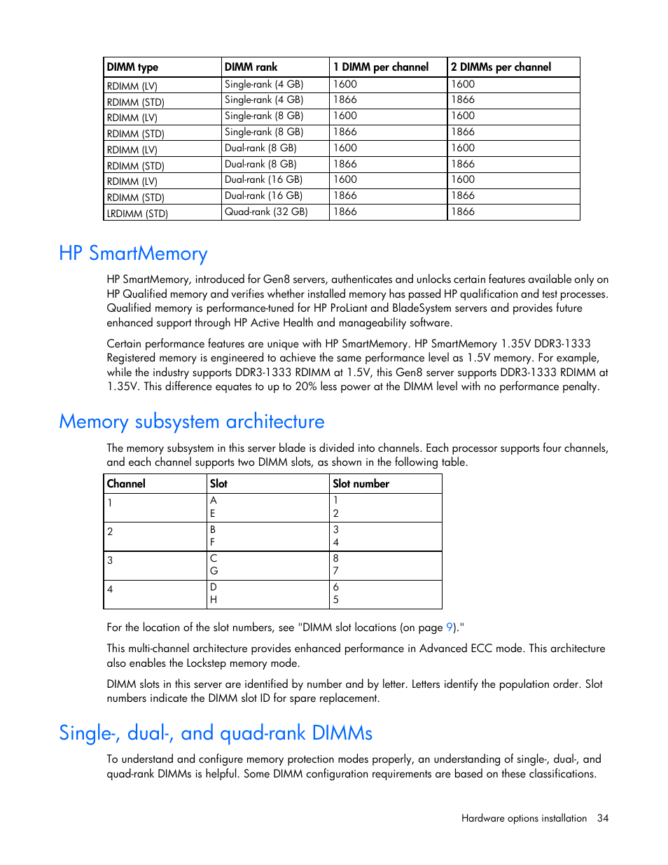Hp smartmemory, Memory subsystem architecture, Single-, dual-, and quad-rank dimms | HP ProLiant BL660c Gen8 Server Blade User Manual | Page 34 / 82