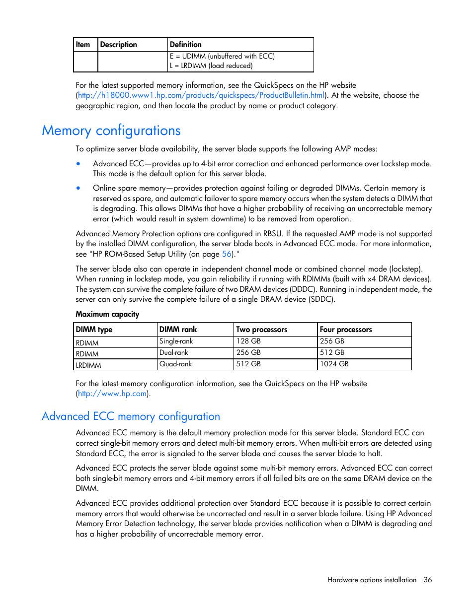 Memory configurations, Advanced ecc memory configuration | HP ProLiant BL660c Gen8 Server Blade User Manual | Page 36 / 82